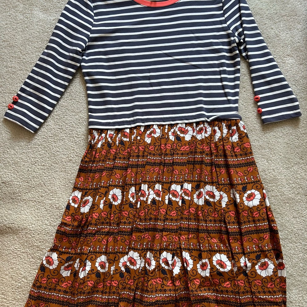 Matilda Jane Navy Stripe Top with Brown Floral Skirt and Coral Trim Dress